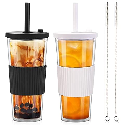 ZgoEC 2 Pack Reusable Boba Tea Cups, 730ml/24oz Clear Tumbler with Straw and Lid, Leakproof Clear Plastic Cups Tumbler, Double Wall Insulated Smoothie Tumbler, Wide Straw for Bubble Tea, Iced Coffee Cover