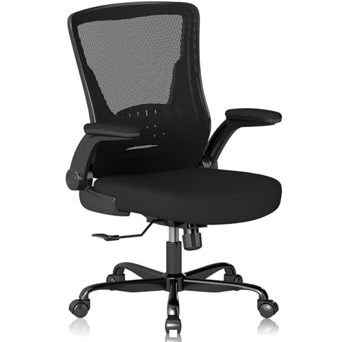 Image of Ergonomic Office Chair, Mesh Computer Chair with Flip-Up Arms | Black Areathable Mesh, Adjustable Height, 360-Degree Swivel Wheels, Flip-up Armrests, Space-Saving Seat for Home Office