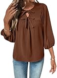 SHEWIN Womens Tops Babydoll Puff Sleeves Blouse 3/4 Sleeves Dressy Casual Bow Tie Flowy Elegant Loose Ladies Shirt Spring Summer 2026 Clothes Brown Size M