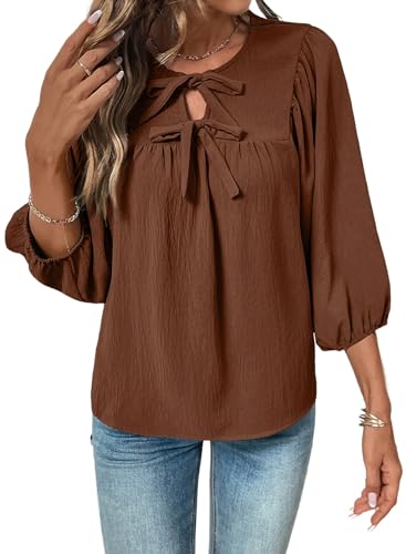 SHEWIN Womens Tops Babydoll Puff Sleeves Blouse 3/4 Sleeves Dressy Casual Bow Tie Flowy Elegant Loose Ladies Shirt Spring Summer 2026 Clothes Brown Size M