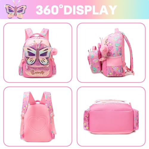Meetbelify Backpacks for Girls School Backpacks with Lunch Box Pencil Case for Elementary Students Ages 8-10 Kids Travel Backpack 3 in 1 Backpack Set for Girls Butterfly3