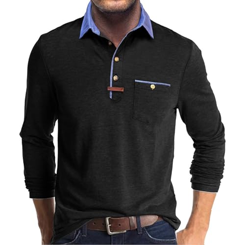 Image of Volemo Mens Long Sleeve Polo Shirts Polos T-Shirts Casual Smart Tops with Pocket Regular Fit Black L