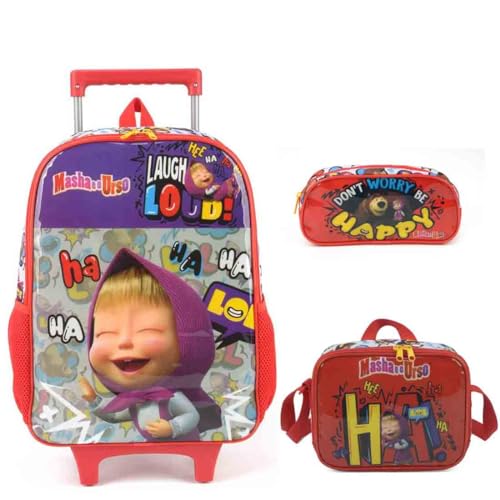 Mochila Infantil Rodinhas Masha e o Urso com Lancheira e Estojo Vermelho