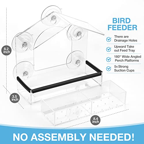 Window Bird Feeder With 5 Extra Strong Suction Cups, Acrylic Detachable Birds Feeders Tray, Transparent Outside Birdhouse For Cat Window Perch, Great Bird Watching Gifts (8.5In ×8.1In ×3.9In) #TOP1