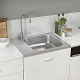 mzdioop Lavello da cucina in acciaio inox con sgocciolatoio, 600 x 500 mm, argento, lavello da incasso per piano di lavoro, montaggio reversibile, robusto, resistente al calore, facile da pulire, con