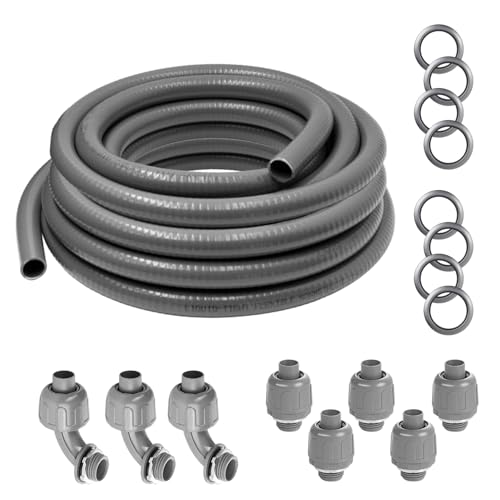 VN Infinite quality 1/2 inch 25 Ft Liquid-Tight Conduit UL Certification - Flexible Non-Metallic Liquid Tight Electrical Flexible Conduit with 5 Straight and 3 90-Degree Connector Fittings