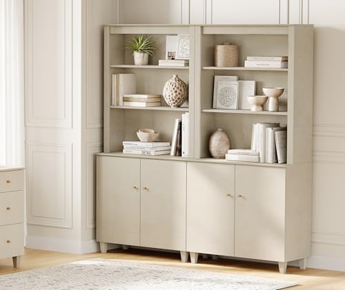 Image of WAMPAT 71 inch Tall Bookshelf with Storage Cabinet, 2 Column Modern 5-Tier Beige Wood Bookcase with Adjustable Shelf, 71 inch Wide Wooden Display Bookshelves for Home Office, Living Room, Bedroom