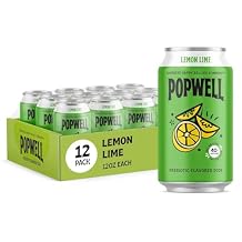 Popwell Caffeine Lemon Lime Better-For-You Prebiotic Soda, with 6g Fiber, 1g Sugar, Vitamins and Immunity Support, 12 fl oz Can