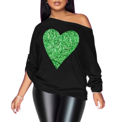 PESION Womens Off The Shoulder Tops Sexy Shiny Metallic Shirts Long Sleeves Fashion Graphic T-Shirts Blouses Black + Green Heart XX-Large