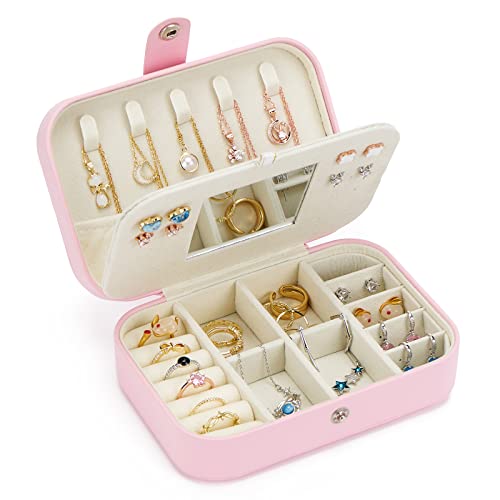 ZOUIQSS Boite a Bijoux Avec Miroir, Petit Boite a Bijoux Fille En Cuir Pu Pour Ranger Bagues, Boucles d'Oreilles, Colliers, Bracelets Rangement Bijoux, Boîte à Bijoux Pour Filles Femmes(Rose A)