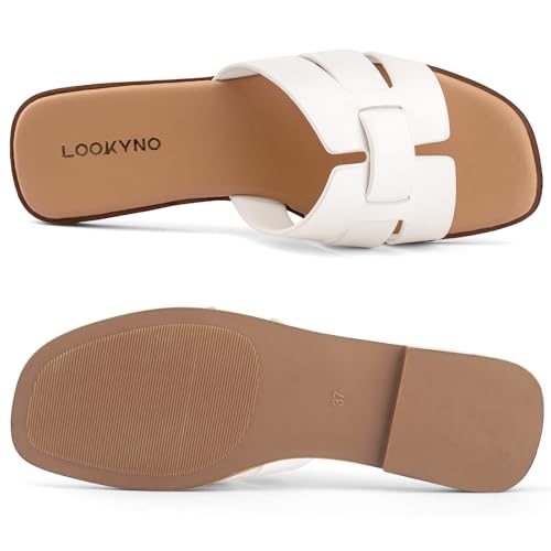 Image of Flat Sandals for Women Comfortable Slip On Dressy Summer Leather Slides with Square Open Toe