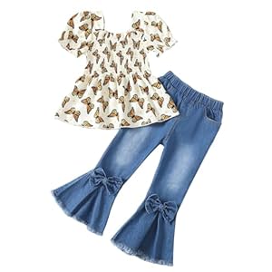 Kucnuzki Toddler Kids Girls Clothes Short Sleeve Shirt Top Flare Denim Jeans 2 Piece Outfits For Girls Cute Clothing Set