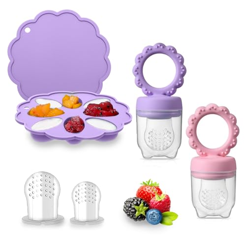 Comedero de frutas para bebés (4 meses en adelante), incluye chupete de dentición y molde para congelar leche materna, chupete de frutas sin BPA para el destete del bebé, calmante y autoalimentación