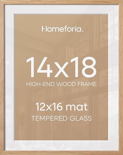 Image of Homeforia 14x18 Picture Frame Natural Wood, High End Oak 14x18 Light Wooden Poster Frame with Mat 12x16, 14 x 18 Frames Matted to 12 x 16 Photo, 18x14 Hanging Frame, Tempered Glass, Wall Kit, Set of 1