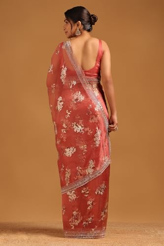 Image of Soch Womens Organza Floral Saree With Stone Work