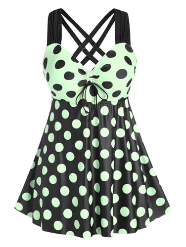 ROSE GAL Womens Plus Size Curve Cinched Polka Dot Crisscross Tankini Swimsuit Set