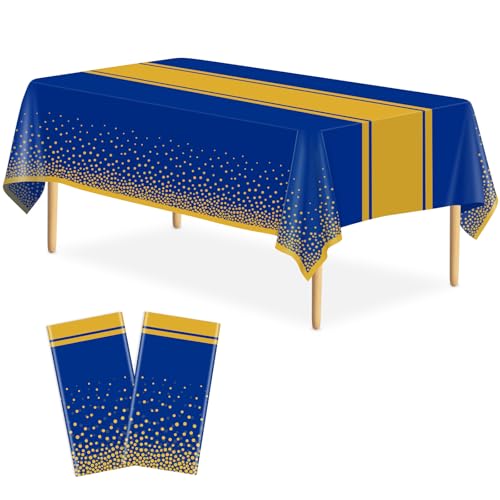 Image of 2 Pack Blue and Gold Tablecloth Party Decorations Plastic Blue Tablecloth Printed Gold Table Runner 54 x108 Inch Disposable Rectangle Table Cover for Birthday Wedding Graduation Anniversary