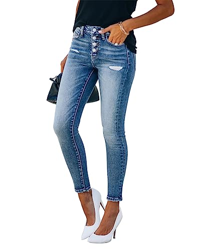 Kunmi Women's Ripped High Waisted Skinny Jeans Button Fly Distressed Stretchy Denim Pants #TOP3