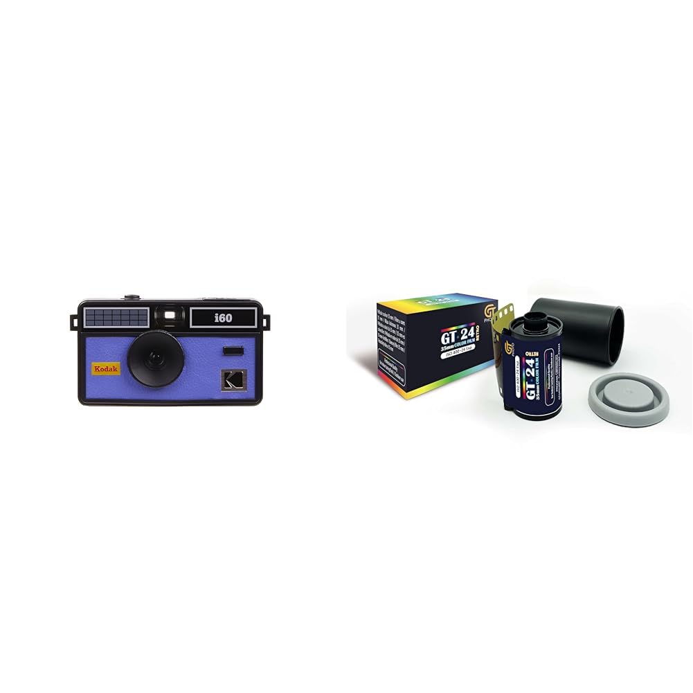 KODAK i60 DA00259 - Appareil Photo réutilisable 35 mm – Retro-Stil, Fokusfrei, Flash intégré, Appuyez et Flash Pop-up - Blau + GT Photo Retro Farbfilm 35mm - 24 Aufnahmen