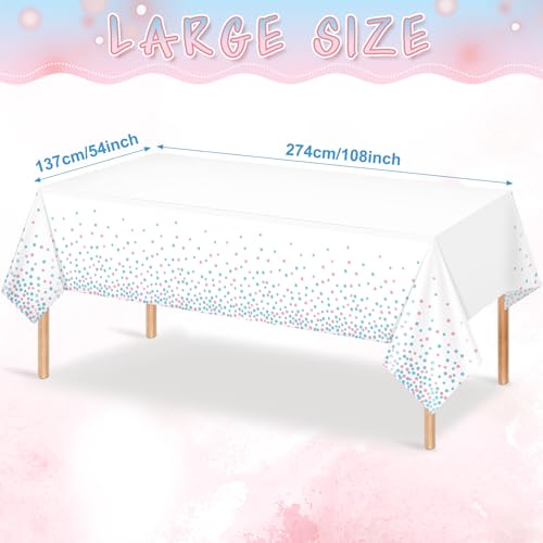 Image of 6Pack White and Pink Blue Plastic Tablecloth, White Disposable Table Cloth for Rectangle Tables, Pink Blue Stamping Dot White Tablecloth for Gender Reveal Baby Shower Birthday Party Supplies, 54 inchx108 inch