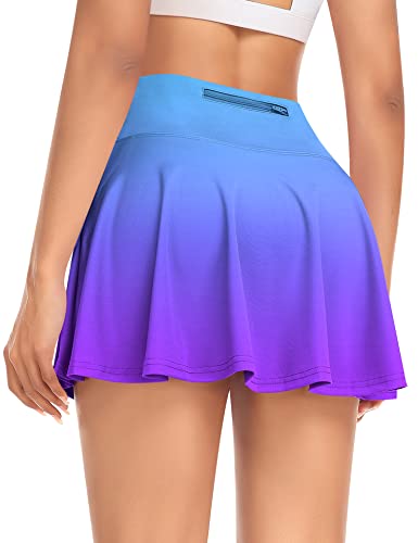 Derca Pleated Tennis Skirt For Women With Pockets Shorts High Waisted Golf Skirts Workout Running Sports Athletic Skort(Gradient Blue Purple,X-Small) #TOP20