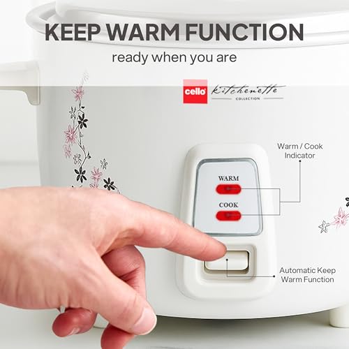 Image of CELLO Iris Electric Rice Cooker with Single Pot 1.5L White | 500W Power, Removable Aluminium Non-Stick Bowl with SS Lid, Cool Touch Handle, One Touch Automatic Warm Function, For Rice Pulao Maggi Soup