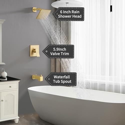 Juego de grifería para ducha y bañera en acabado dorado cepillado, con cabezal lluvia de 6 pulgadas y salida para bañera miniatura 6