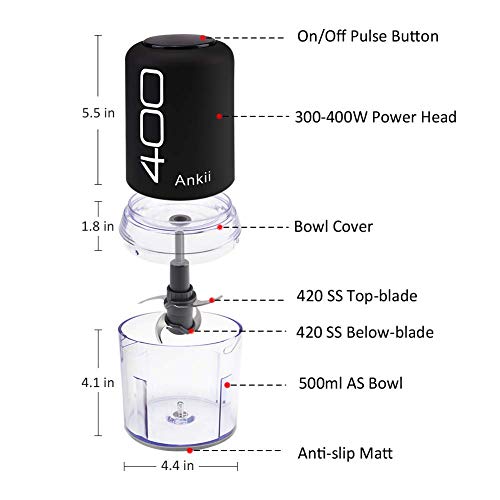 Ankii Mini Food Processor 400-Watt Electric Food Chopper For Meats, Vegetables, Nuts, Fruits, Small Mincer Mixer With 4 Stainless Steel Blades, 2 Cup Capacity #TOP3
