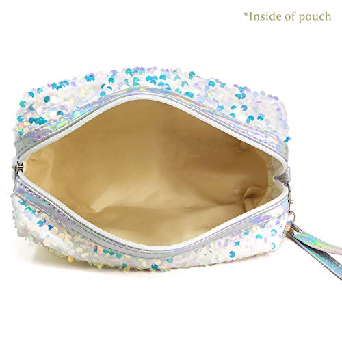 Me Plus Portable Makeup Case Cosmetic Bag For Women Small Pouch Travel Organizer Purse Wristlet With Zipper (Sequin Multi-White) #TOP3