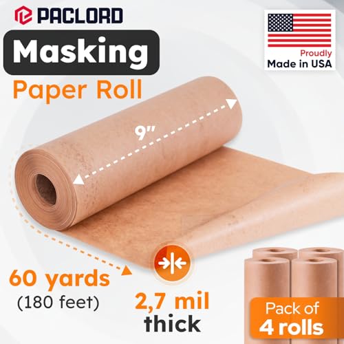 Image of 9 inch x 60 Yards (180 feet) Masking Paper Roll (Pack of 4) - Made in USA General Purpose Kraft Masking Paper for Painting - Painters' Protection from Splatter and Overspray