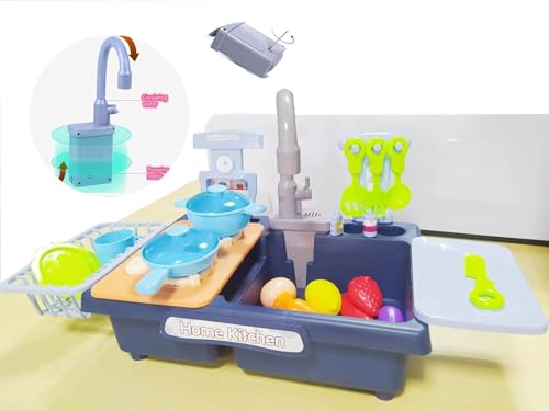 Image of Electric Kitchen Play Sink with Water Circuit, Dishwasher, Toys with Simulated Tap and Included Kitchen Accessories for Children (Blue)