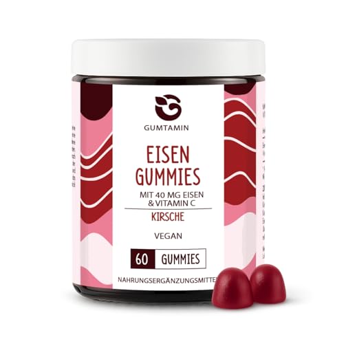 Gumtamin Eisen Gummibärchen mit Vitamin C – hochdosiert mit 40 mg Eisen – vegan – 60 Gummies – zur Ergänzung der Eisenversorgung