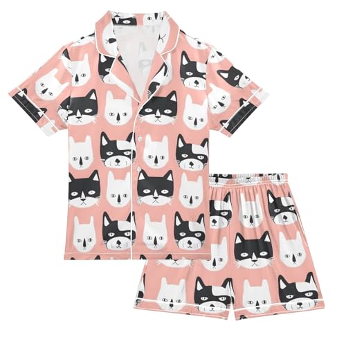 ALAZA Cat Head Pajamas Satin Pajama Set Short Sleeve Button Down Sleepwear