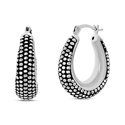 Willowbird Oxidized 925 Sterling Silver Beaded Texture Oval Black Hoop Earrings for Women