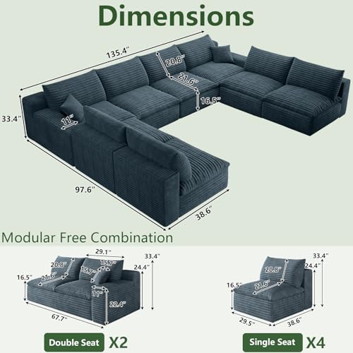 Image of 136 inch Cloud Couch Modular Sectional Sofa for Living Room, U-Shape Boneless Couch with Deep Seat, Modern Corduroy 8-Seater, No Assembly Required,Blue