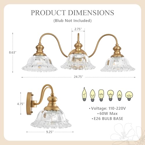 Image of 3 Lights Gold Vintage Bathroom Vanity Light Fixture
