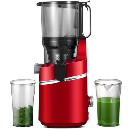 AMZCHEF Spremiagrumi automatico tutto in uno, apertura 135 mm e spremiagrumi da 1,8 l per frutta e verdura, 250 W Vincitore del test con triplo filtro – Rosso [Classe energetica A+++]