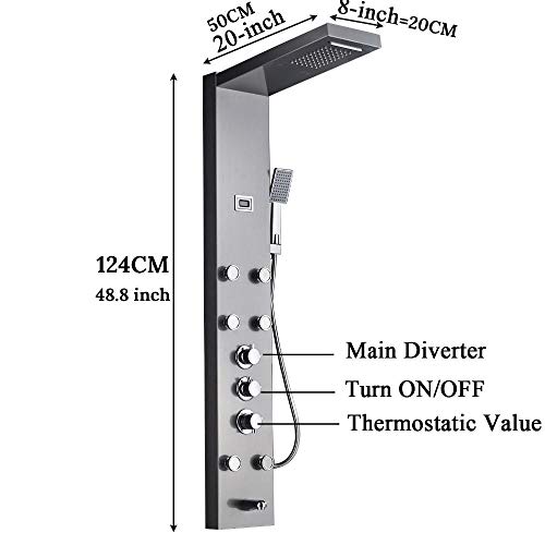 Columna de ducha NEWCES con panel de masaje, mezcla termostática, ducha superior tipo cascada, y salida para bañera - Negro miniatura 2