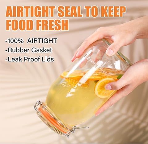 Condition photo showing New/Like New for half gallon mason jars 64 oz wide mouth 3 pack, airtight hinged lid, bpa free, dishwasher safe, for canning, pickling, fermenting, kitchen storage, coffee