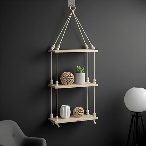 Image of 3Tier Hanging Shelf with Magic Hook, Use Decor Plants, Books, Decorative Gift Items Nursery Livingroom Wooden Beads & Ring Woven Bohemian Chic for Dorm