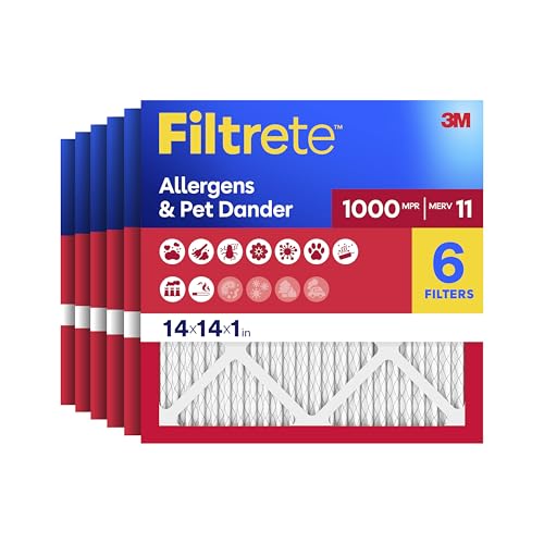 Filtrete 14x14x1 Air Filter MERV 11 MPR 1000 Allergens & Pet Dander 3-Month AC and Furnace Filters Cleaner Air Reliable Airflow 6 HVAC Filters (Actual Size 13.68 x 13.68 x 0.81 in)