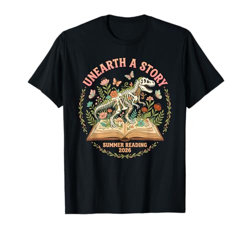 Unearth a Story Summer Library Reading 2026 Dino Skeleton T-Shirt