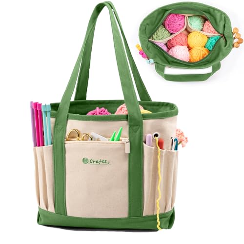 Image of MYBAGZING Canvas Yarn Storage Organizer Bag Washable Crochet Bag with Pockets for Yarn, Hooks, Needles - Travel Knitting Tote for Crafters - Gift for Crocheters & Knitters (Medium /Large)