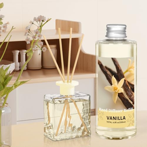 Image of STRN Reed Diffuser Oil Refill, Vanilla Scented Diffuser Oil Refills with 6 Reed Sticks 200ML(6.8fl.oz), Room Fresheners for Home, Long-Lasting Summer Fragrance for Living Room, Bedroom, Office