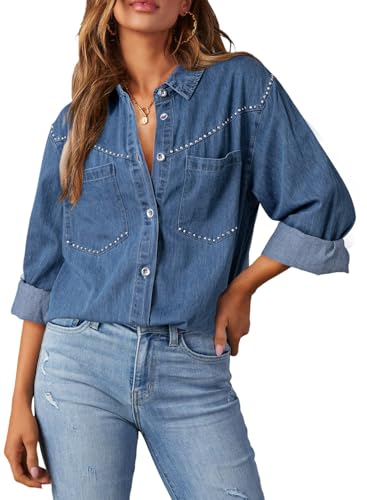 Dokotoo Button Down Shirts for Women V Neck Denim Tops