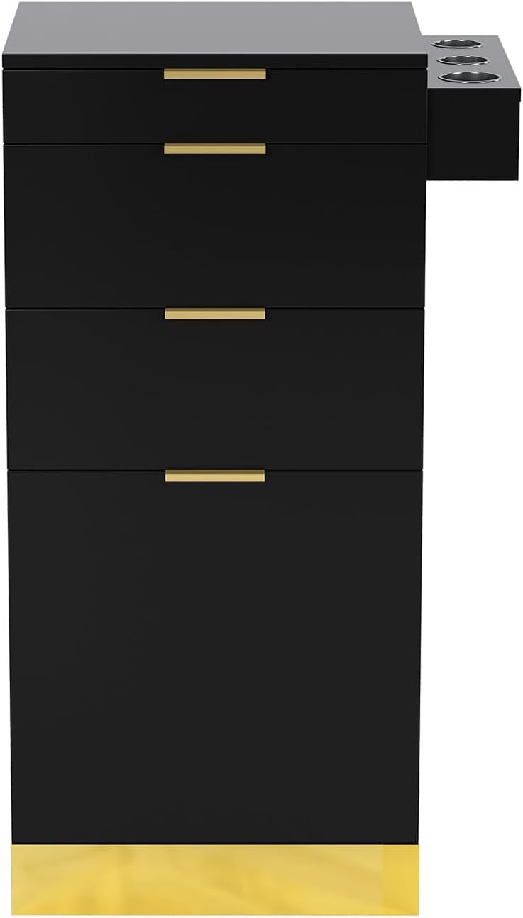 OmySalon Salon Station, Barber Station for Hair Stylist, Storage Cabinet with Stainless Steel Finish & Drawers & Heat Resistant Dryer Holders, Modern Style for Barbershop, Black