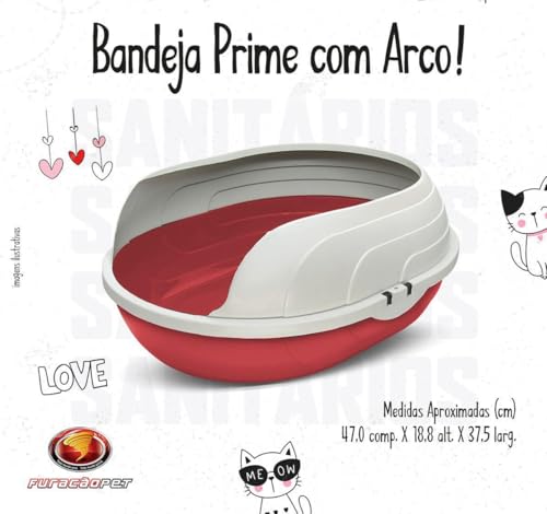 Furacão Pet Bandeja Sanitária Prime com Arco para Gatos, Vermelha e Branca, 47 x 37,5 x 18,8 cm