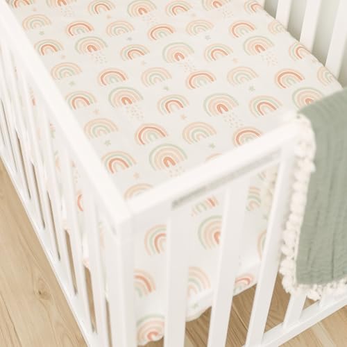 Image of Crane Baby 100% Cotton Breathable Fitted Baby and Toddler Sheet for Standard Mattress (28 X 52), Machine Washable Crib Boho Rainbow Boho Rainbow