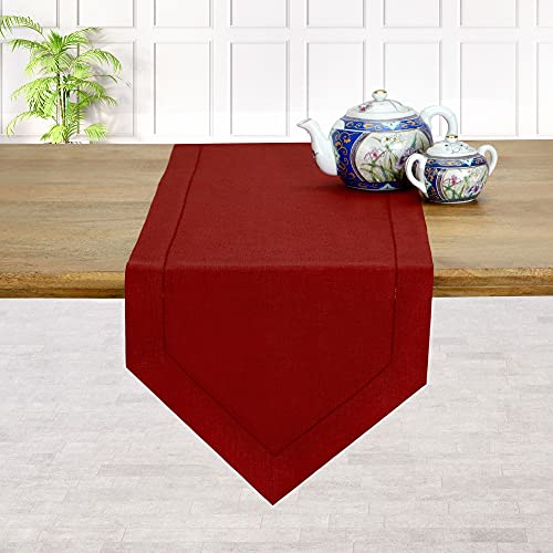 D'Moksha Homes 100% Pure Linen Hemstitch Diamond Table Runner 14 x 108 Inch Divine Red for Valentines Day Wedding Holiday Cocktail Baby Shower Party, Handcrafted Dresser Scarf from European Flax