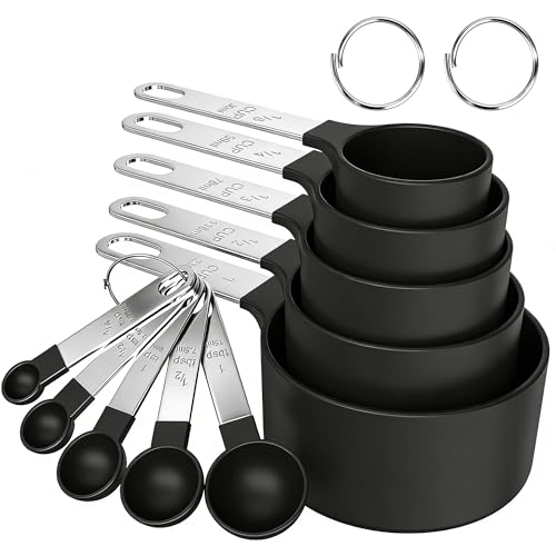 LauCentral 10-Piece Measuring Cups and Spoons Set 5 Measuring Cups & 5 Spoons with Stainless Steel Handles Dishwasher Safe & Stain Resistant Nesting Set for Dry & Liquid Ingredients(Black)